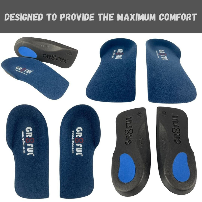 gr8ful® Orthotic Insoles for Plantar Fasciitis + Achilles Tendonitis | Men, Women, All Sports | Arch Support for Over Pronation & Flat Foot - Reduce Heel, Knee & Back Pain, 1 Pair 3/4 Length Slim M Blue - BeesActive Australia