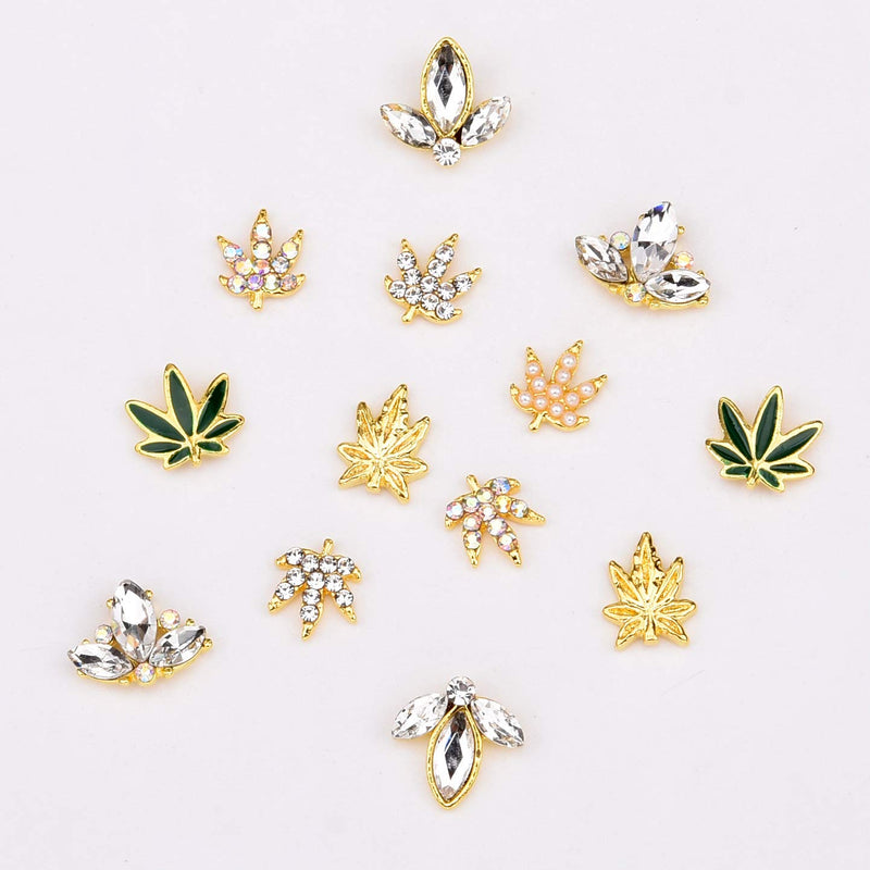 30pcs Gold 3D Nail Art Decorations 7 Deisgns Hemp Leaf Rhinestones Pearl Beads Maple Leaves Jewels Diamond Charms Assorted for Nails - BeesActive Australia