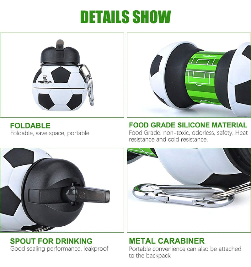 ETHLETICO Collapsible Water Bottles with Carabiner Food Grade Sports Water Bottle for Gift Kids Folding Water Bottle for Hiking, GYM, School, Sports and Travelling 19Oz/550ml BPA Free (Soccer) Soccer Ball - BeesActive Australia