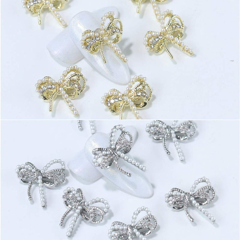 Gold Alloy Charms Metal Zircon 3D Bowknot DIY Nail Art Decorations Manicure Nail Rhinestones Bow Nail Jewelry(silver) silver - BeesActive Australia