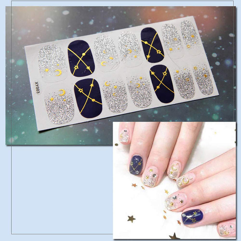 WOKOTO 6 Sheets Shine Nail Wraps Polish Decal Strips With 1Pcs Nail File Golden Glitter Adhesive Nail Art Stickers Manicure Kits - BeesActive Australia