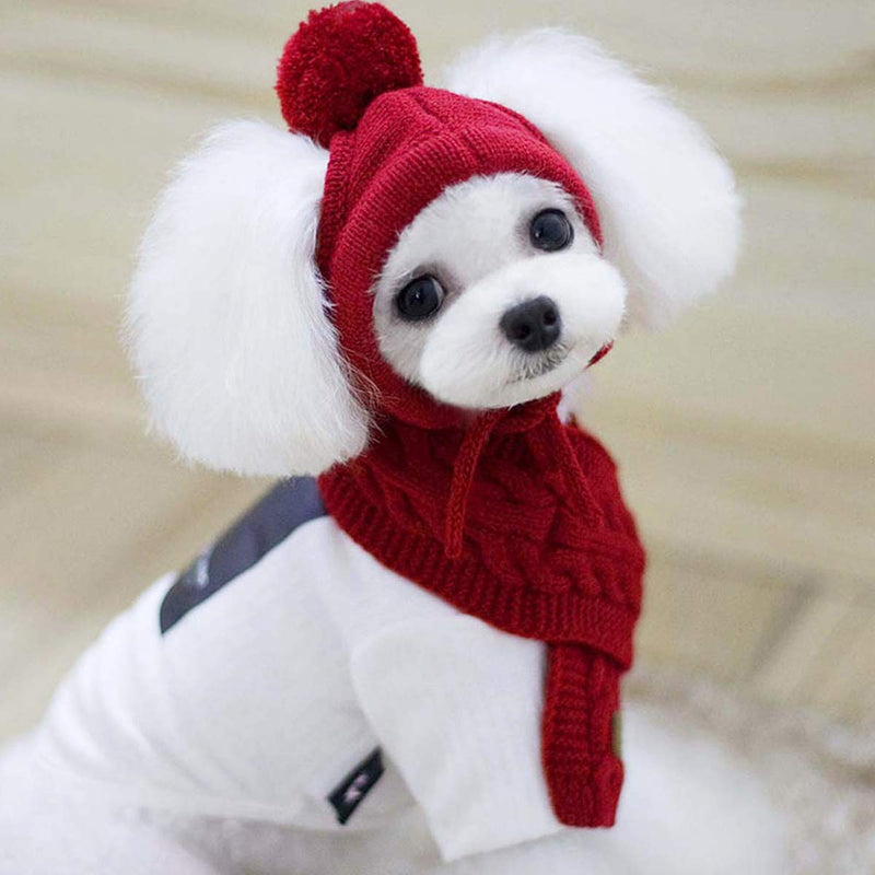 Goclothod Pet Dog Knitted Scarf and Hat Set Winter Neck Ear Warmer Red - BeesActive Australia
