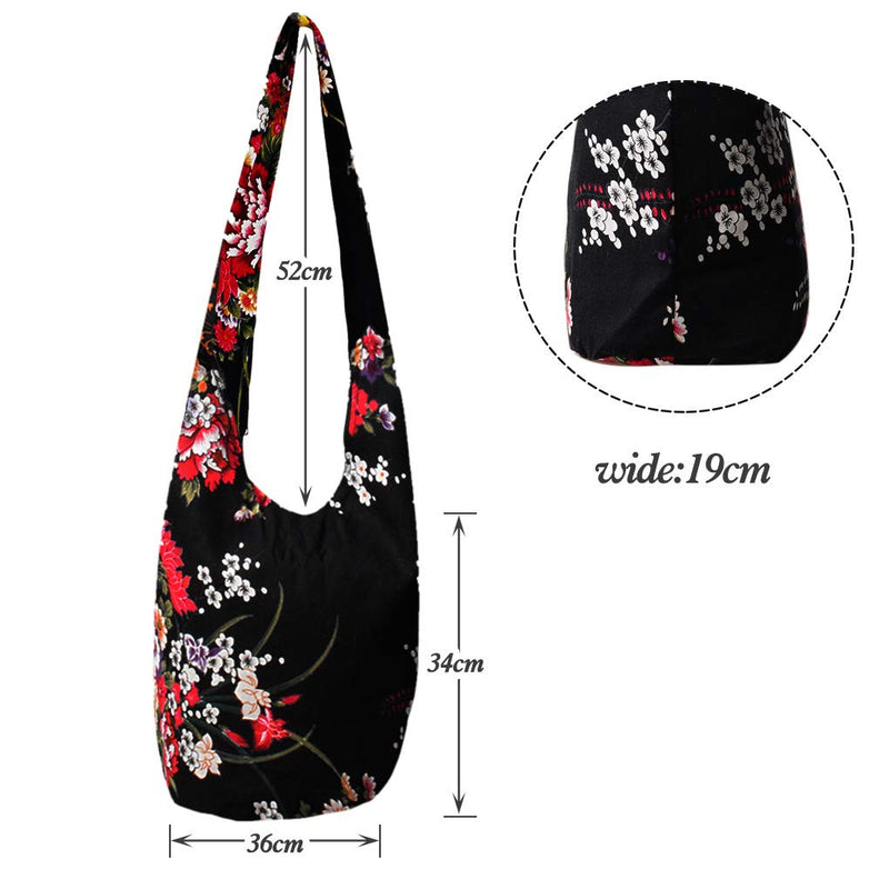 WITERY Women's Sling Crossbody Bags Large Shoulder Shopping Hobo Bag Handbag Top Zip Bags Handmade Messenger Bag Wallet Black Flower - BeesActive Australia