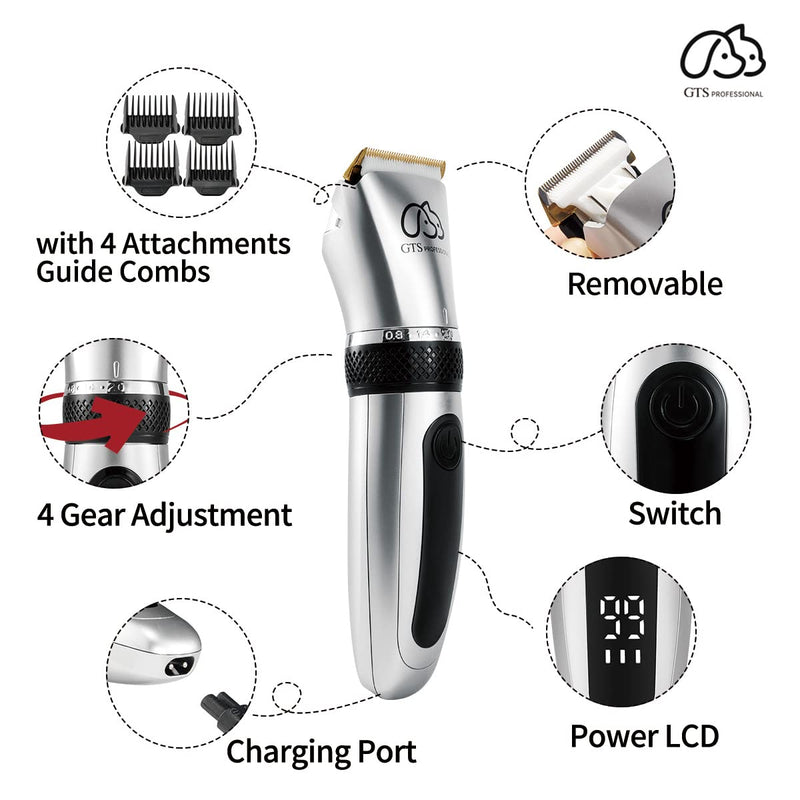 Pet Clippers Professional Dog Grooming kit Adjustable Low Noise High Power Rechargeable Cordless Pet Grooming Tools , Hair Trimmers for Dogs and Cats, Washable（IPX5), with LED Display. Frosted Silver - BeesActive Australia