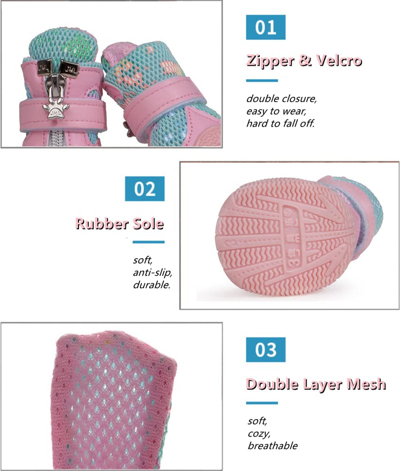 Hdwk&Hped Small Dog Boots, Breathable Mesh Summer Dog Shoes Pink Stylish PU Dog Girl Booties with Durable Non-Slip Rubber Sole Fluorescent Style - Pink #4 (10~15lb) - BeesActive Australia