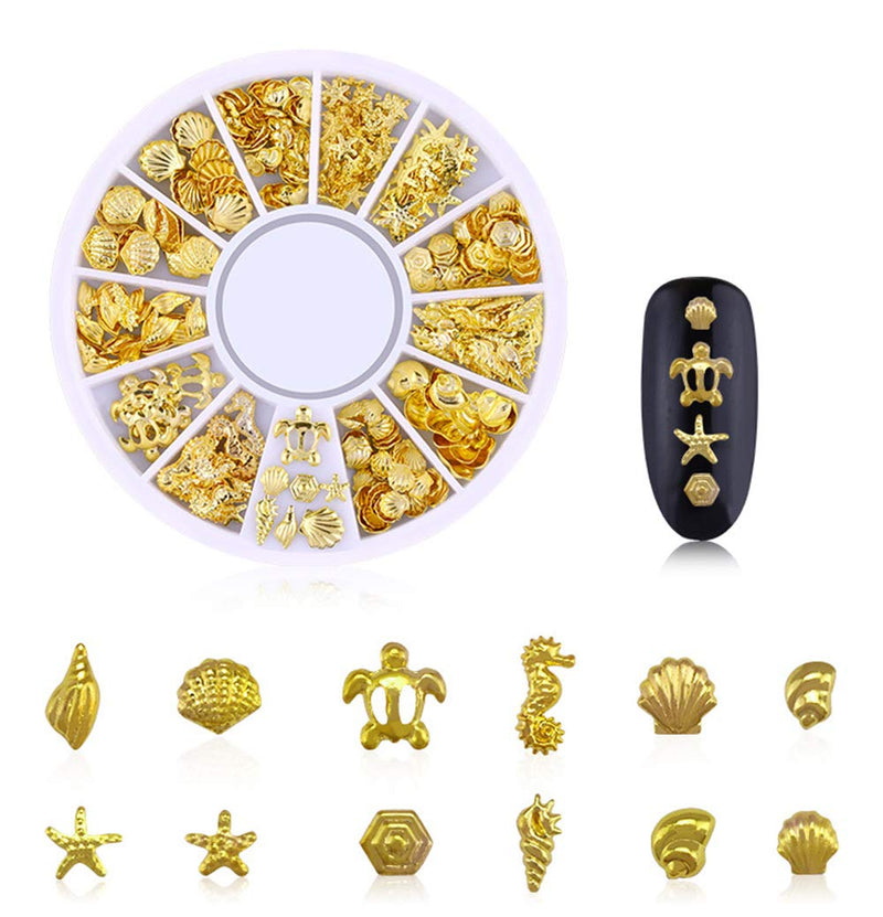 Gold Nail Art Studs 3D Nail Supplies Nail Rivet Set Mixed Metal Jewels Nail Accessories with Star Moon Sun Flowers Punk Seaside Hollow Design Gems Rhinestones for Women Nail Decorations 6 Boxes - BeesActive Australia