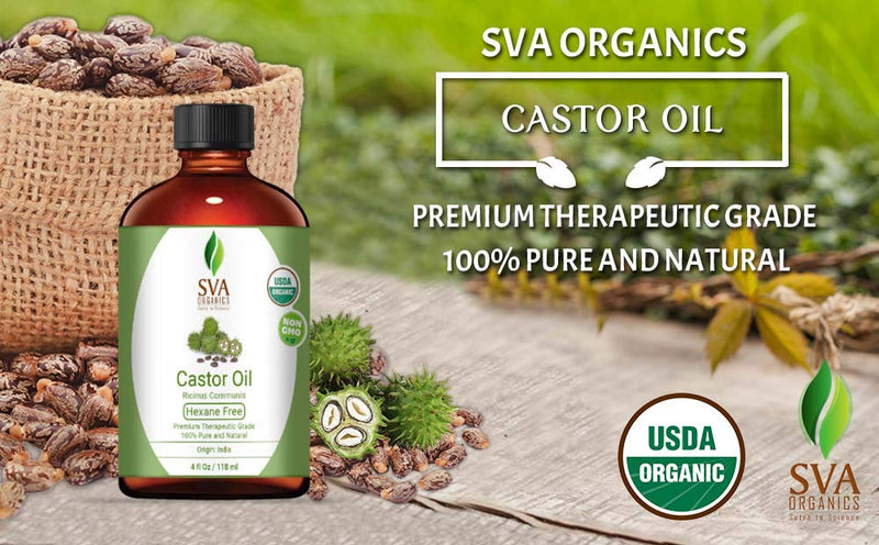 SVA ORGANICS 100% PURE CASTOR OIL WITH DROPPER 4 Oz (118 ML) THERAPEUTIC GRADE | COLD PRESSED, HEXANE FREE - HAIR GROWTH, EYELASHES, EYEBROWS, SKIN & BODY MASSAGE. - BeesActive Australia