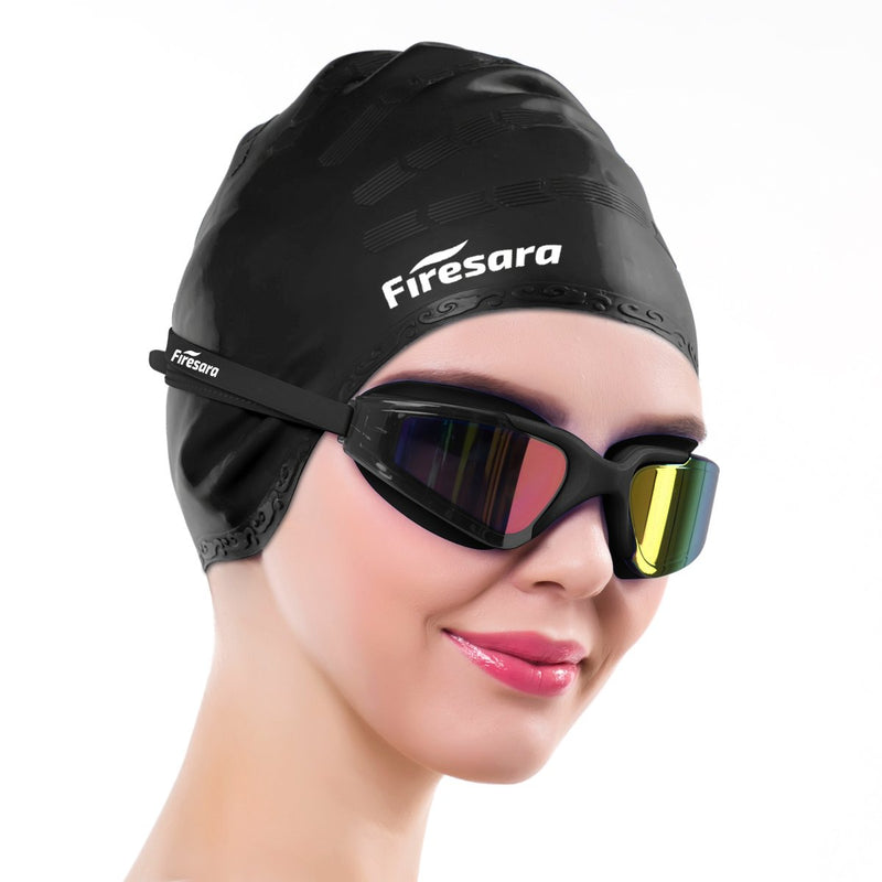 [AUSTRALIA] - Firesara Swim Cap Swimming Goggles, Swimming Cap for Long Hair Swimming Glasses Anti Fog UV Protection for Adults Youth Men Women Boys Kids with Nose Clip Ear Plugs Sets black 