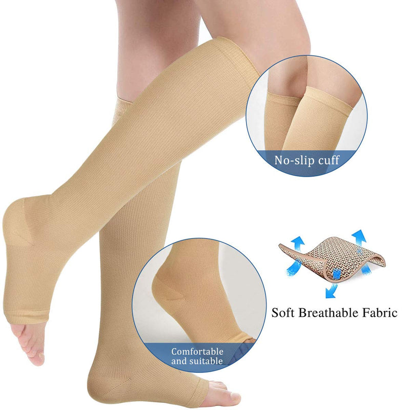 Evolyline 3 PAIRS Compression Socks for Women & Men, Open Toe Medical Compression Stockings Knee High 15-25mmHg for Nurses Running Flying Pregnancy Flight Sports, Fit for Swollen Ankles Varicose Veins Beige L-XL - BeesActive Australia