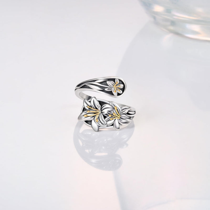 LINGBG JEWELRY Spoon Rings 925 Sterling Silver Rings Bee Sunflower Spoon Ring Sun Moon Star Daisy Celtic Knot Scarab Adjustable Spoon Open Ring Jewelry Gifts for Women 6# Lilies Spoon Rings - BeesActive Australia