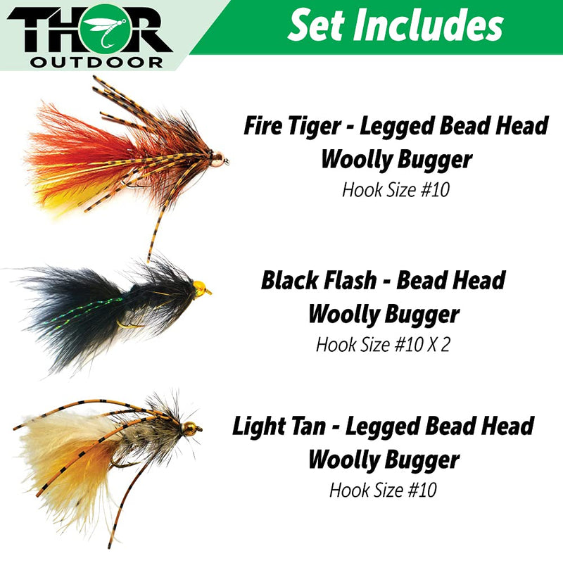 Thor Outdoor BH Woolly Bugger Streamer Fly Fishing Set – Wet Flies for Trout, Panfish, and Bass Fire Tiger-L, Black, Lt Tan - Size #10 - BeesActive Australia