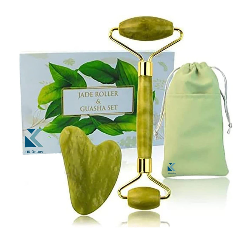 Marble Jade Roller & GUA SHA Boxed Set & 1 Kabuki Brush- Glow Boosting, De-Puffing, Deep Moisture Massage, Lifting & Tightening (1 Set) 1 Set - BeesActive Australia