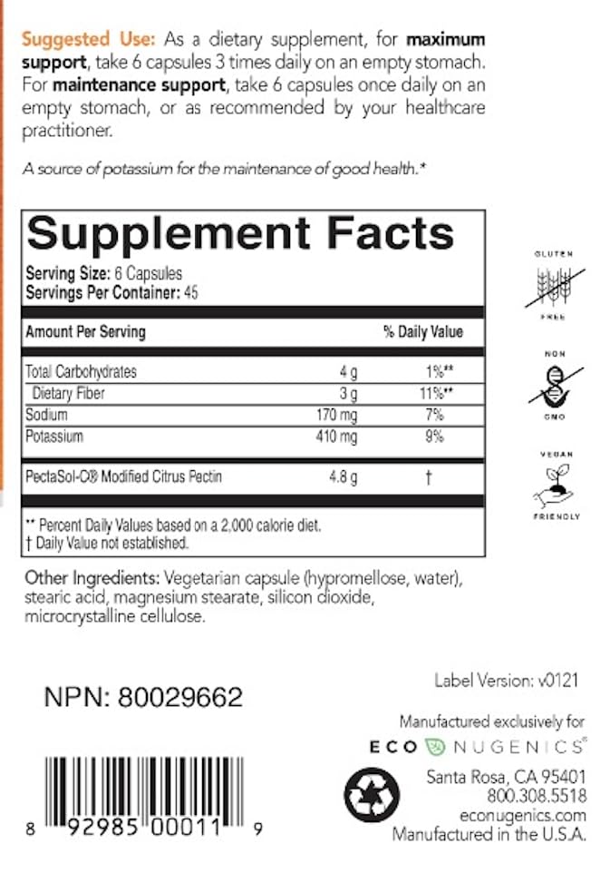 EcoNugenics - PectaSol Modified Citrus Pectin - 270 Capsules - Cellular Health & Immune System Supplement - Maintain Healthy Galectin-3 Levels - Cardiovascular Support - BeesActive Australia