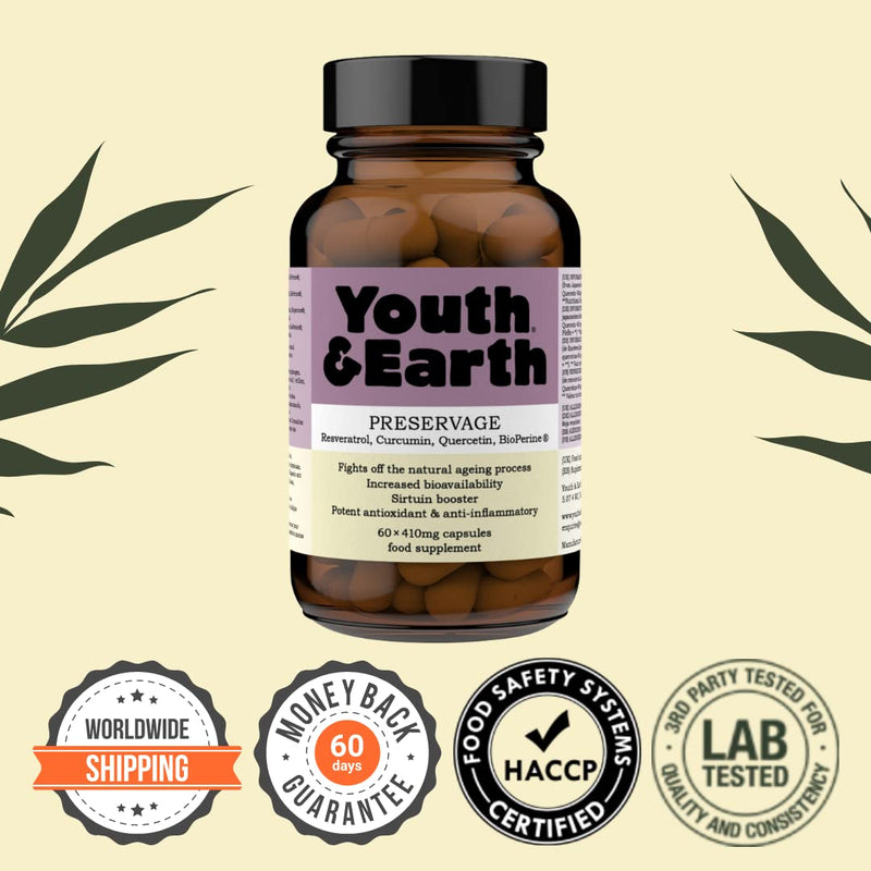 Youth & Earth Preservage (Trans-Resveratrol, Curcumin, Quercetin and BioPerine) 410mg (60 Capsules) - BeesActive Australia