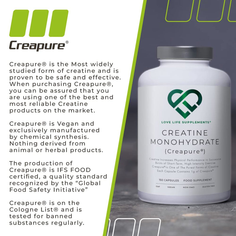 Creapure® Creatine Monohydrate Capsules (1 Gram per Capsule) | 150 Capsules (not Powder or Tablets) | 30-50 Servings | Love Life Supplements - 'Clean, Effective, High Quality' - BeesActive Australia