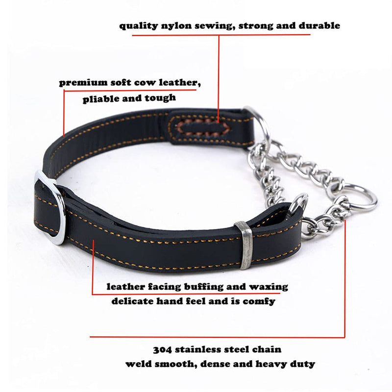 Love Dream Martingale Collars for Dogs, Genuine Leather Training Dog Collar, Stainless Steel Chain Anti-Escape No Pull Dog Collar for Medium Large Dogs L(15.7"-20.9") Black - BeesActive Australia