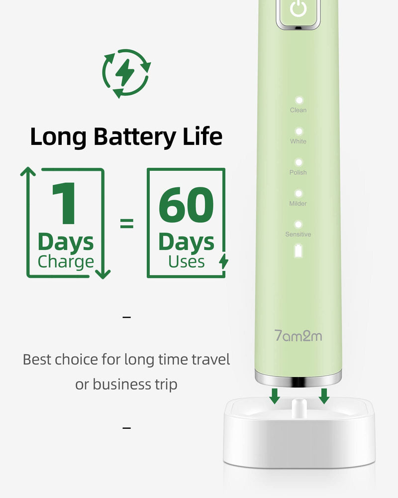 7am2m Sonic Electric Toothbrush with 6 Brush Heads for Adults and Kids, Wireless Fast Charge, One Charge for 60 Days,5 Modes with 2 Minutes Built in Smart Timer, Electric Toothbrushes(Green) No Travel Case Green - BeesActive Australia