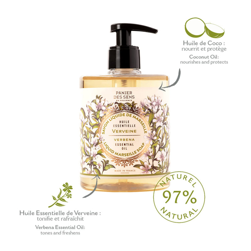 Panier des Sens - Marseille Liquid Hand Soap - Verbena Hand Wash - Moisturizing Soap with Coconut Oil - Bathroom & Kitchen Refillable Soap - 97% Natural Ingredients Made in France - 16.9 Fl.oz - BeesActive Australia