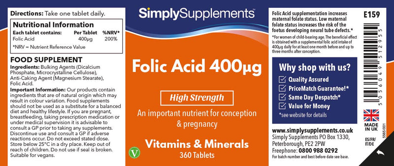 Folic Acid (Vitamin B9) 400mcg | 360 Tablets = Up to 1 Year Supply | Vegan & Vegetarian Friendly | Pregnancy Care | Manufactured in The UK - BeesActive Australia