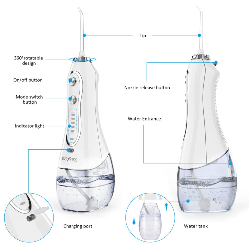 H2ofloss Water Flosser Professional Cordless Dental Oral Irrigator - Portable and Rechargeable IPX7 Waterproof Water Flossing for Teeth Cleaning,300ml Reservoir Home and Travel (HF-6) - BeesActive Australia