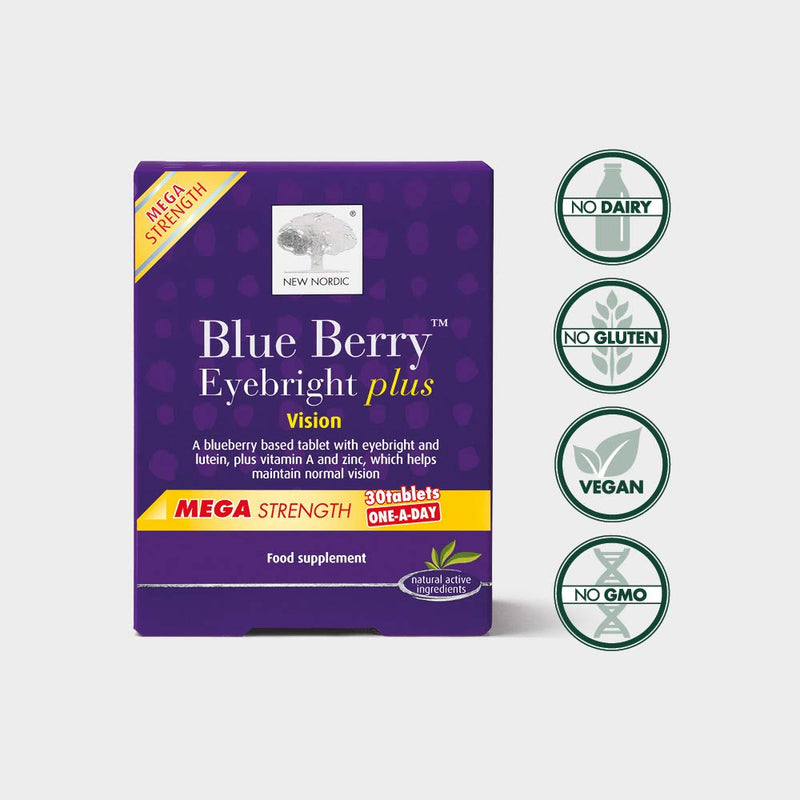 New Nordic Blueberry Eyebright Plus Mega Strength - One-A-Day Tablets - 30 Tablets - Natural Eye Supplement Tablets - Suitable for Women and Men - Vegan & Gluten Free formula for Optimal Eye Care - BeesActive Australia