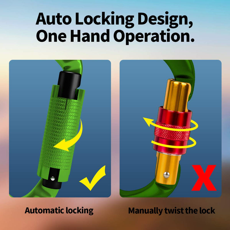 FVW Auto Locking Rock Climbing Carabiner Clips,Professional 25KN (5620 lbs) Heavy Duty Caribeaners for Rappelling Swing Rescue & Gym etc,Large Carabiners,D-Shaped 2pcs-green - BeesActive Australia