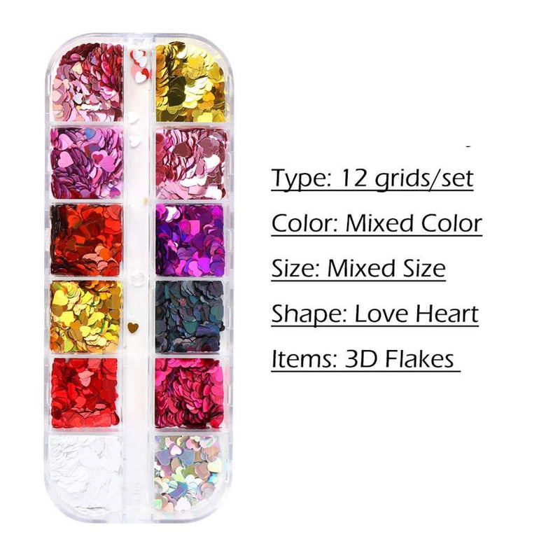 Nail Art Stickers Decals Nail Supplies Holographic Nail Polish Nail Art Decorations Accessories For Women Girls Shining Lovely Hearts Butterfly Sequins 12 Grids/Set (Heart) - BeesActive Australia