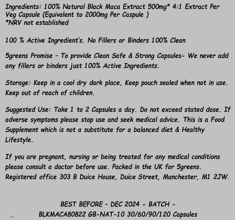 Black Maca Capsules Gelatinized - 2000mg Black Maca Root (120 Capsule Pouch) 500mg 4:1 Extract Black Maca Capsules - BeesActive Australia