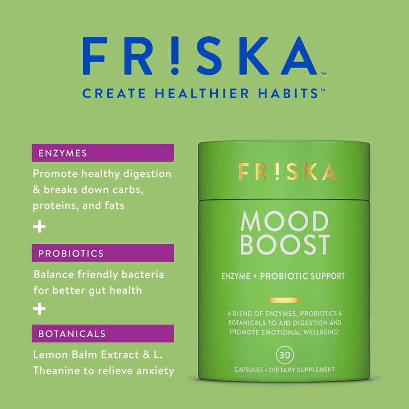 FRISKA Mood Boost | Digestive Enzyme and Probiotic Supplement with L.Theanine and Lemon Balm Extract | Natural Anxiety & Stress Support | 30 Capsules - BeesActive Australia