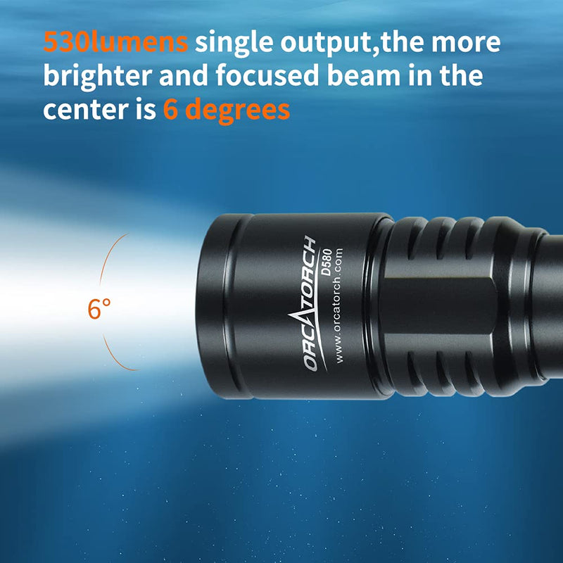 ORCATORCH D580 Scuba Dive Light, Max 530 Lumens Underwater Flashlight with 6 Degrees Narrow Beam, IP68 Waterproof Twist Switch Night Dive Torch, 3 AAA Batteries Included - BeesActive Australia