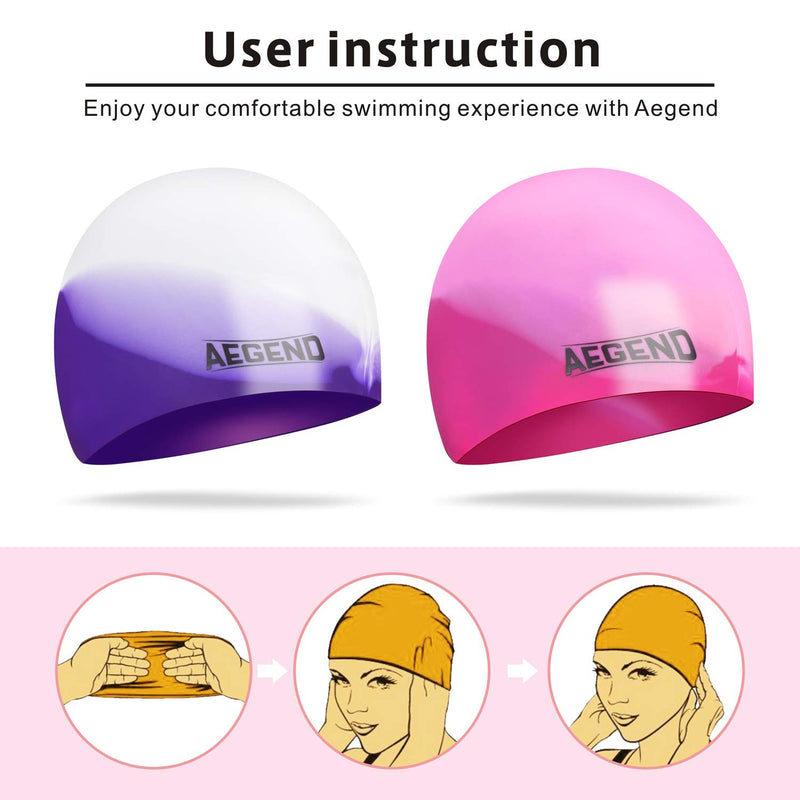 [AUSTRALIA] - Aegend 2 Pack Swim Cap for (Age 2-12), Durable Silicone Swimming Cap for Kids Youths, Comfortable Fit for Long Hair and Short Hair, 6 Colors Bright Purple & Pink Medium (age 5-10) 