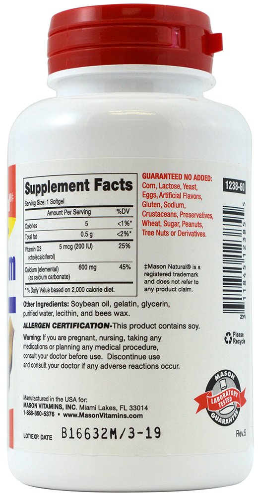 Mason Natural, Calcium Liquid 600 Mg with Vitamin D Softgels, 60-Count Bottles (Pack of 3), Dietary Supplement Supports Healthy Teeth, Bones, Joints and Colon Health - BeesActive Australia