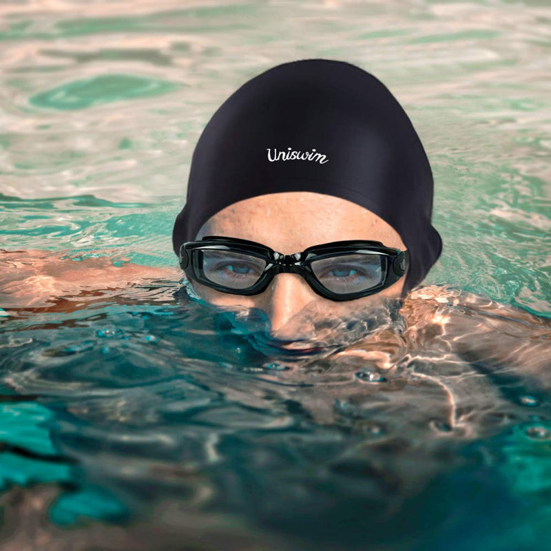 Uniswim Swimming Goggles Swim Cap Set,Anti Fog Swim Goggles Silicone Swimming Cap for Adults Black - BeesActive Australia