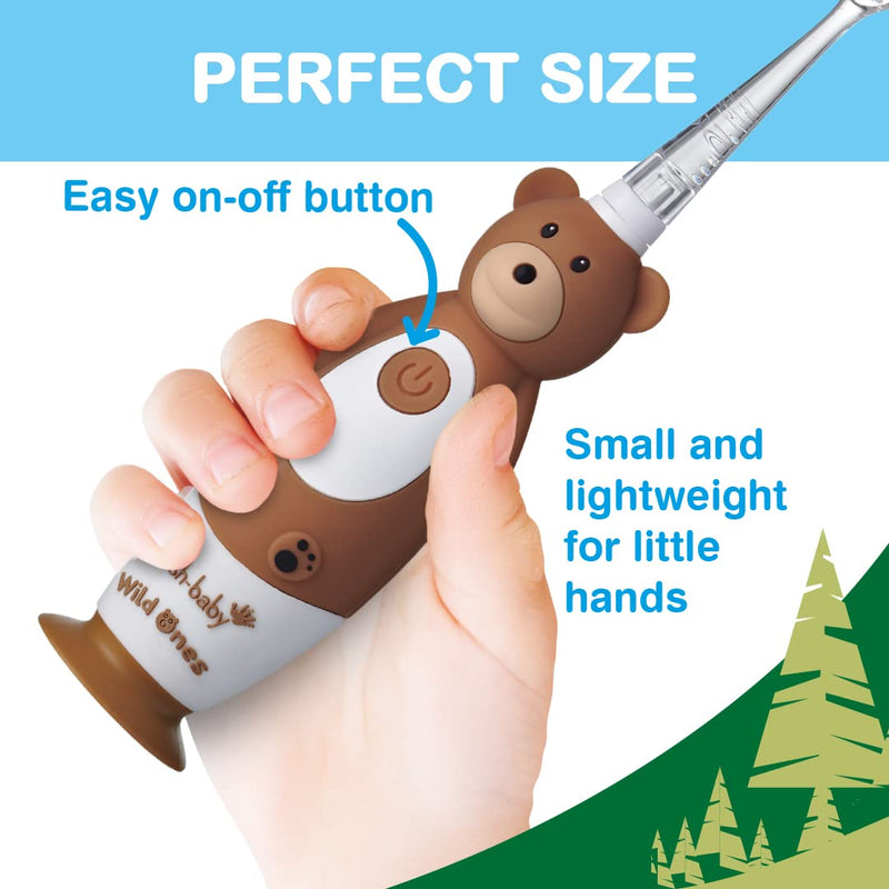 Brush-Baby WildOnes Kids Electric Rechargeable Toothbrush Bear, 1 Handle, 3 Brush Head, USB Charging Cable, for Ages 0-10 (Bear) - BeesActive Australia