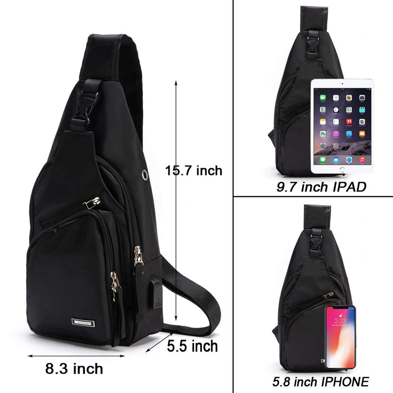 Men Sling Backpack Nylon Water Resistant Shoulder Chest Crossbody Sling Bag with USB Charging Port Black - BeesActive Australia