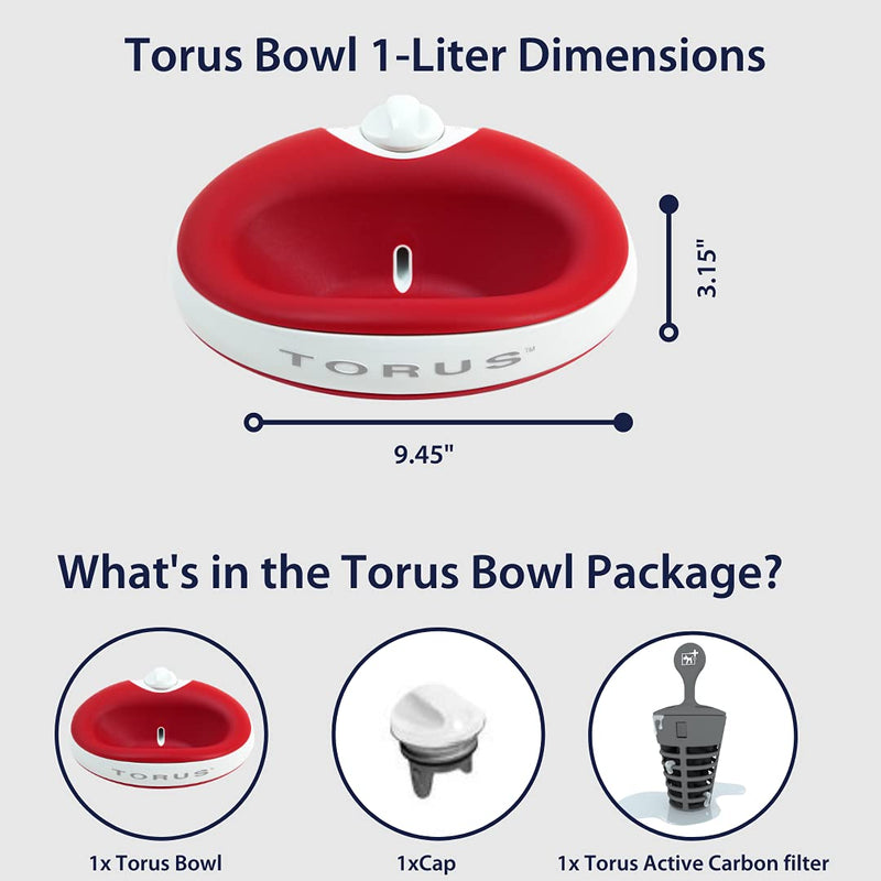 Torus Pet Mini Filtered Water Bowl - 1 Liter – Home and Travel Bowl - Autofill - Portable - Antimicrobial - BPA Free - Cat - Small Dog Red - BeesActive Australia