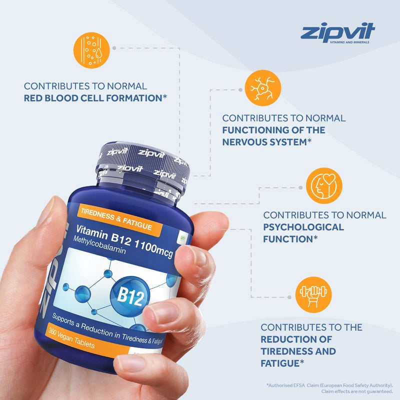 Vitamin B12 Tablets High Strength 1100mcg Methylcobalamin, 360 Vegan B12 Tablets (12 Months Supply). Helps with Tiredness and Fatigue. Vegetarian Society Approved B12 Supplement. UK Supplier Jar of 360 Tablets - BeesActive Australia