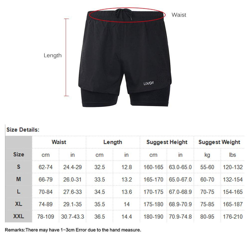 [AUSTRALIA] - Lixada Men's 2-in-1 Running Shorts Quick Drying Breathable Active Training Exercise Jogging Cycling Shorts Black Large 