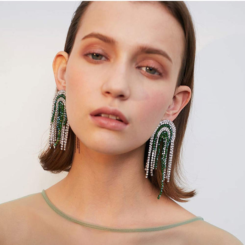 Xerling Clear Rhinestones Tassel Earrings Fringe Chain Rhinestones Chandelier Dangle Drop Earrings for Prom Statement Earrings - BeesActive Australia