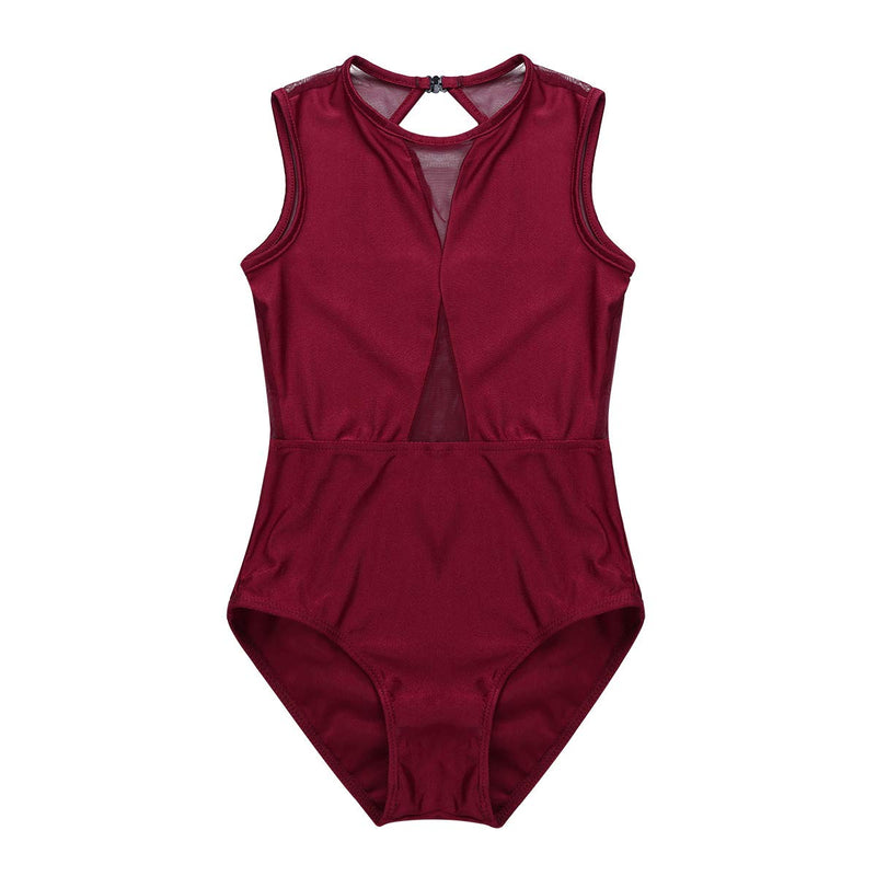 [AUSTRALIA] - renvena Kids Girls One Piece Ballet Dance Leotard Sleeveless Mesh Splice Cutout Back Active Bodysuit Dancewear Burgundy 8-10 