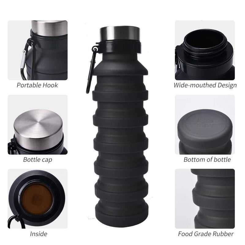 Collapsible water bottle, BPA free – leak proof silicon water bottle perfect for travelling, camping and hiking. black - BeesActive Australia