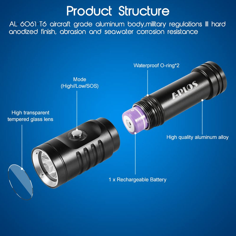 APLOS AP01 Diving Flashlight, XM-L2 5000k LED 1050 Lumen Scuba Dive Light, IPX8 Waterproof Underwater 100m 328ft Professional Submersible Light with Rechargeable Batteries and Charger - BeesActive Australia