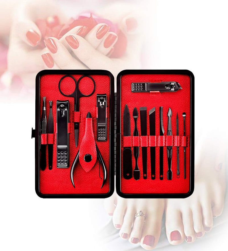 Fingernail scissors set high precision stainless steel professional nail clippers travel beauty set nail tools Pedicure Set 15 pieces, portable fashion box (black/red) zgyad - BeesActive Australia