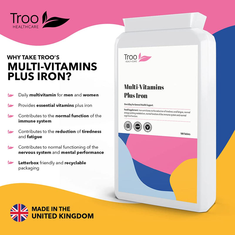 Multi Vitamins with Iron Supplement - 180 Tablets - Daily One A Day Multivitamin with Vitamin C, B, A and D � Immune Support Suitable for Men and Women - UK Manufactured to GMP Standards - BeesActive Australia