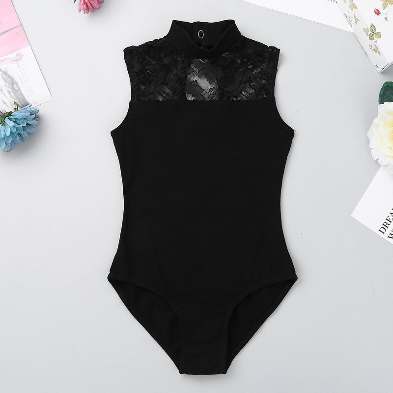 [AUSTRALIA] - ranrann Kids Girls Sleeveless Turtle Neck Lace Splice Keyhole Back Ballet Dance Gymnastic Leotard Athletic Activewear Black 5-6 