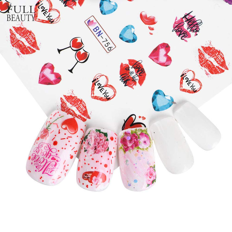 Mori Elves 24 Sheets Valentine Nail Art Stickers Valentines Day Nail Heart Water Transfer Decal Rose Lips Lipsticks Love for Women Girls DIY Nail Design Manicure Accessories - BeesActive Australia