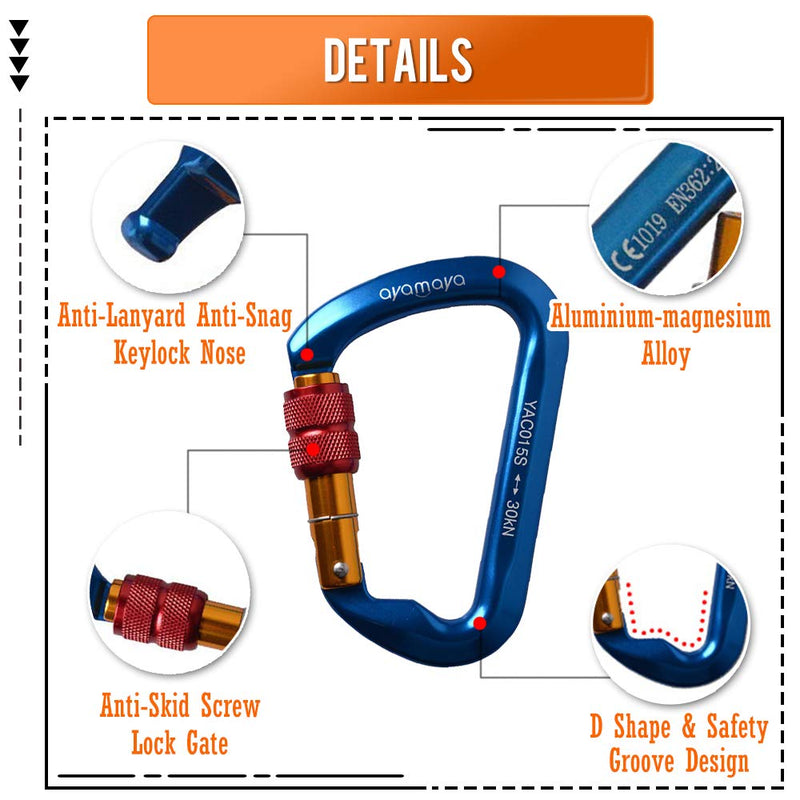 ayamaya 30KN Screwgate Locking Climbing Carabiners & Figure 8 Descender,Outdoor D-Ring Hook Rappel Device for Rappelling Belaying Rock Climbing Blue(2pcs Carabiner + 1pcs Descender) - BeesActive Australia
