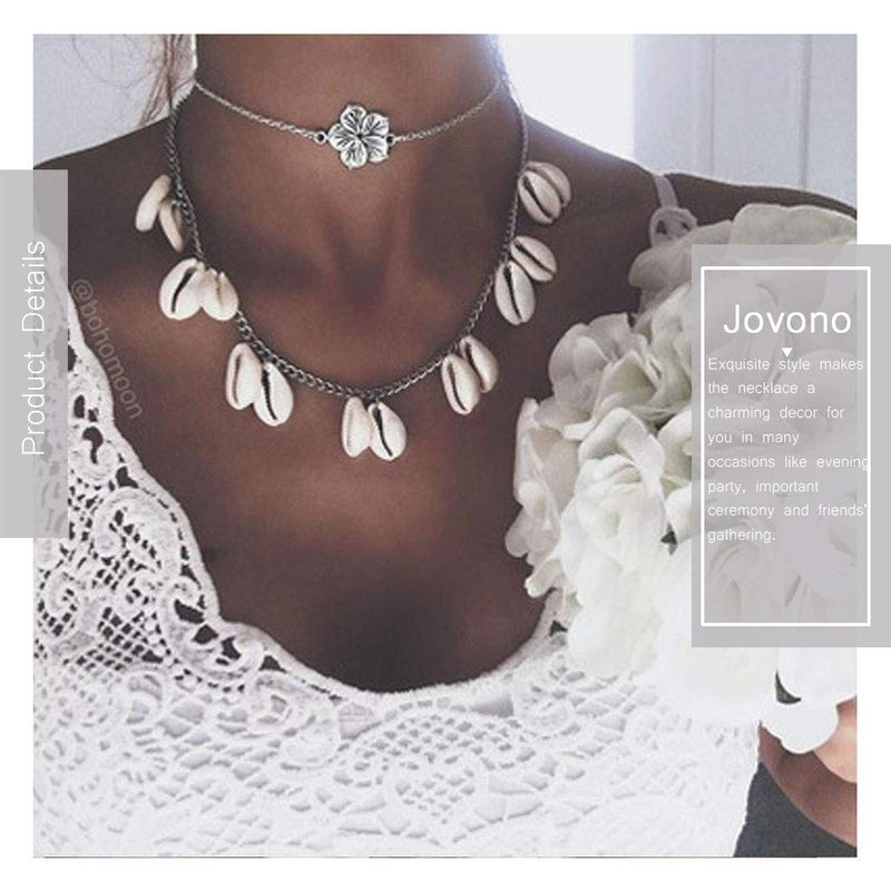 Jovono Boho Shell Pendant Necklaces Multilayered Rose Choker Necklace Chain Jewelry for Women and Girls (Silver) - BeesActive Australia