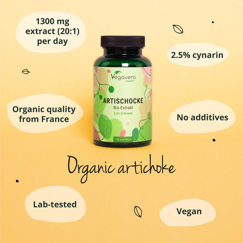 Organic Artichoke Vegavero� | 6500mg (10:1) Artichoke Extract High Strength | No Leaf Fibre (No Inulin) | 2.5% Cynarin | NO Additives, Lab-Tested | Made in Germany | 120 Artichoke Capsules | Vegan - BeesActive Australia