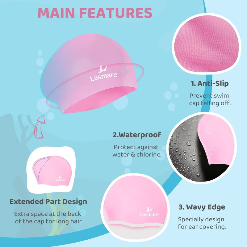 Kids Long Hair Swim Cap for Girls Boys, 3 Size Silicone Swimming Cap for Age 1-15 Toddler Children Teens, Waterproof Swim Hats Bathing Caps with Ear Plugs & Nose Clip to Keep Hair Dry Pink Age 3-8 - BeesActive Australia